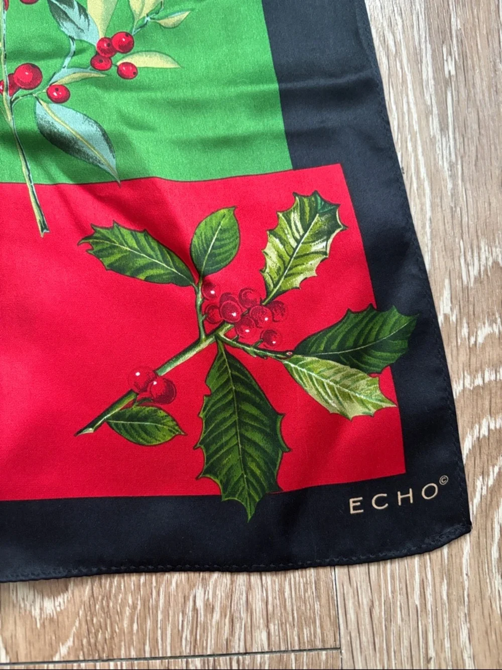 Vintage Echo silk scarf, Christmas/Holiday/Winter berry & holly print 11”x53”